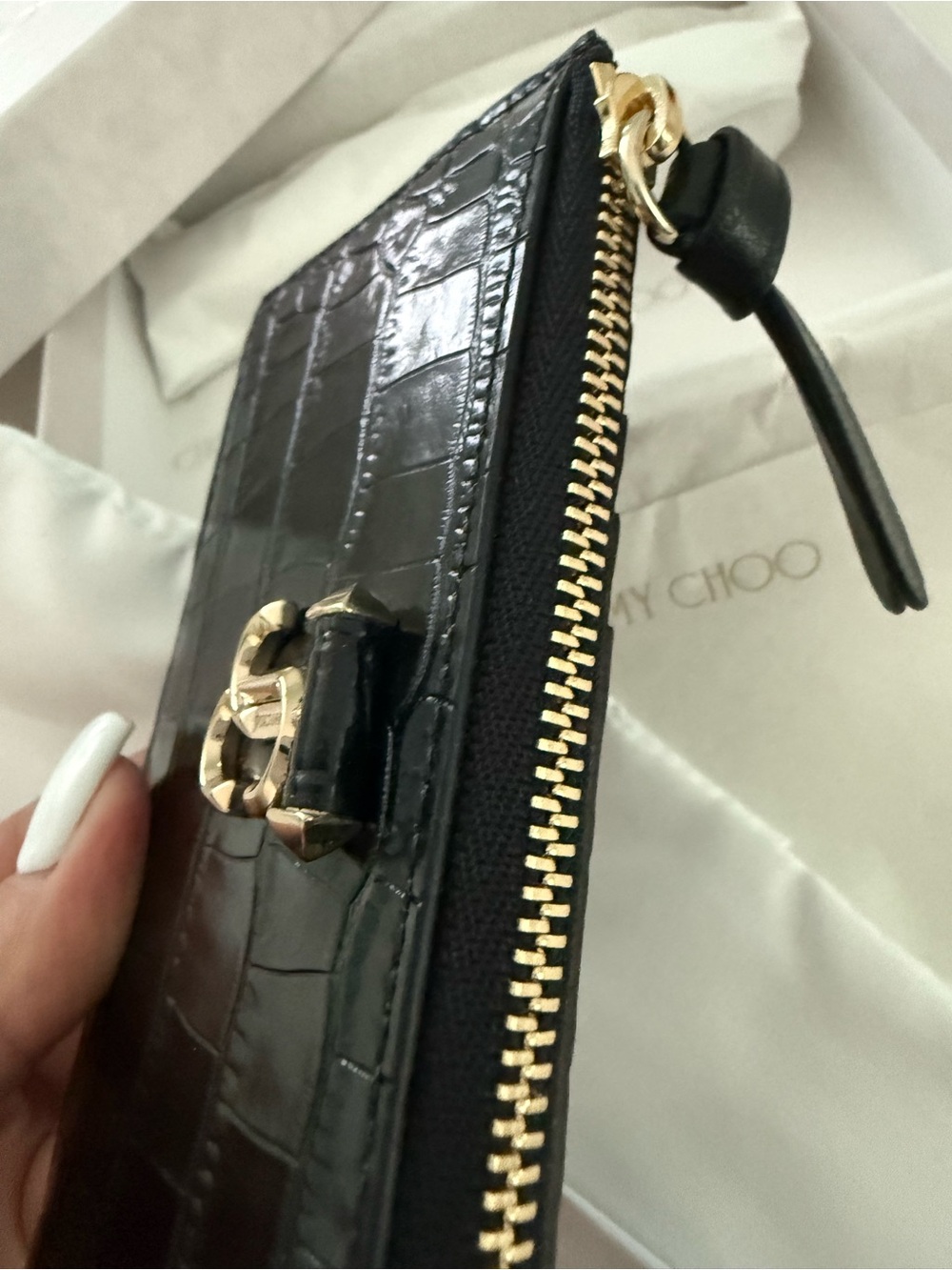 Jimmy Choo Black Croc-Embossed Leather Zip Card Case with Gold JC Logo - Picture 11 of 13